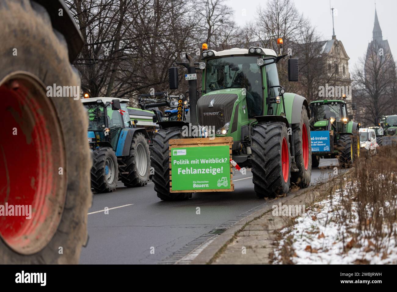 Hannover, Lower Saxony, Germany - 11 January 2024: Farmer protests in Lower Saxony at a large demonstration in Hanover. There are demonstrations again Stock Photo