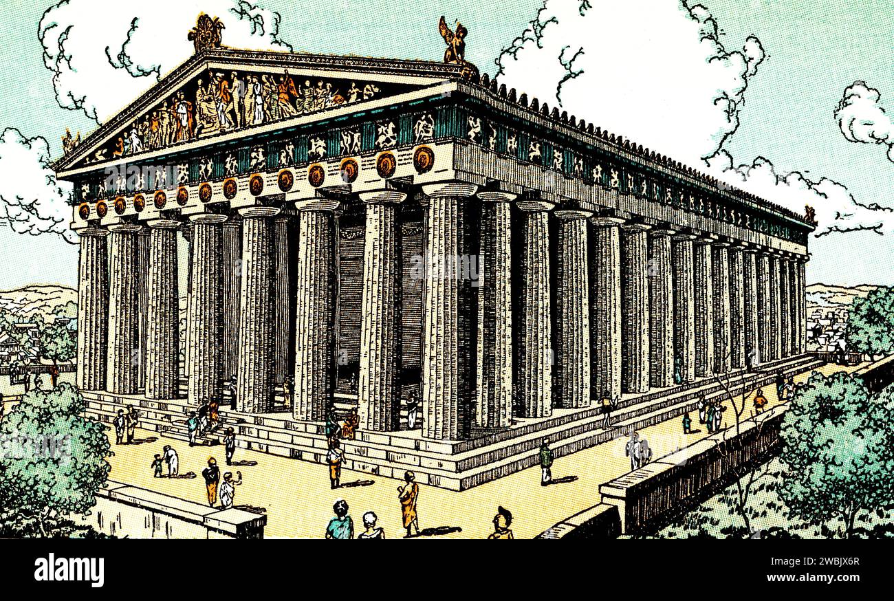 An artist's reconstruction of the Parthenon, Greece, c1930. The Parthenon is a former temple on the Athenian Acropolis, Greece, that was dedicated to the goddess Athena during the fifth century BC. Its decorative sculptures are considered some of the high points of classical Greek art. Stock Photo