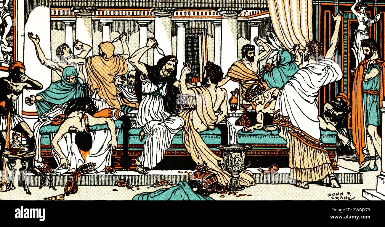 Pelopidas and his fellow conspirators stab the Theban generals who have betrayed Thebes. By Donn Philip Crane (1878-1944). Upon the seizure of the Theban citadel by the Spartans (382 BC), Pelopidas (d364 BC), fled to Athens and took the lead in a conspiracy to liberate Thebes. In 379 BC, his party (the democratic) surprised and killed their chief political opponents in Thebes and roused the people against the Spartan garrison, which surrendered to an army gathered by Pelopidas. Stock Photo