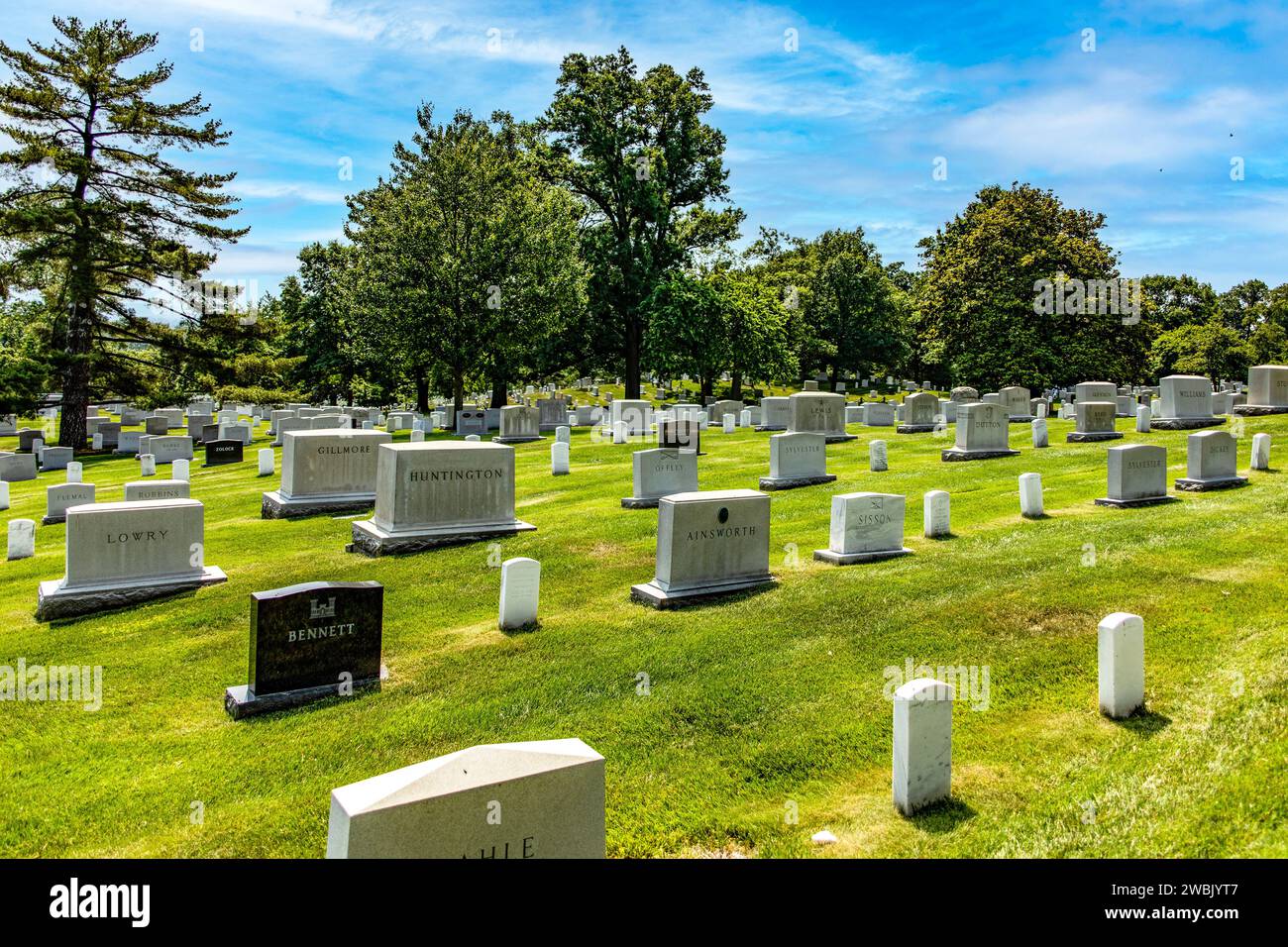 Washington DC, USA; June 2, 2023 Grave stones of soldiers and servicemen buried at Arlington