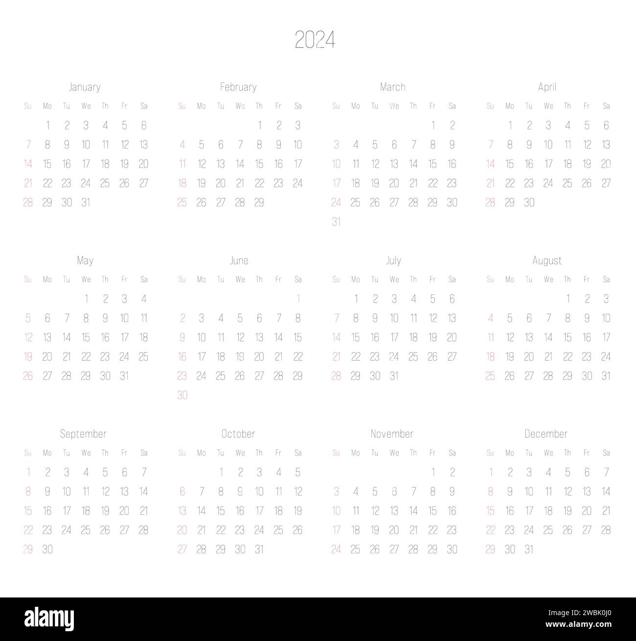 Monthly calendar of year 2024. Week starts on Sunday. Block of months
