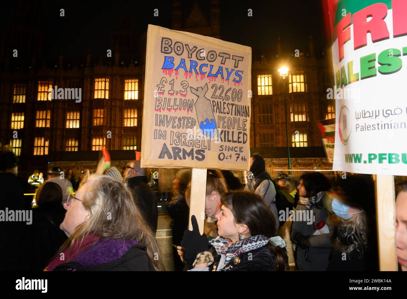 A protest mainly by pro-Palestine demonstrators outside the Houses of Parliament against the new 'Economic Activity of Public Bodies (Overseas Matters Stock Photo