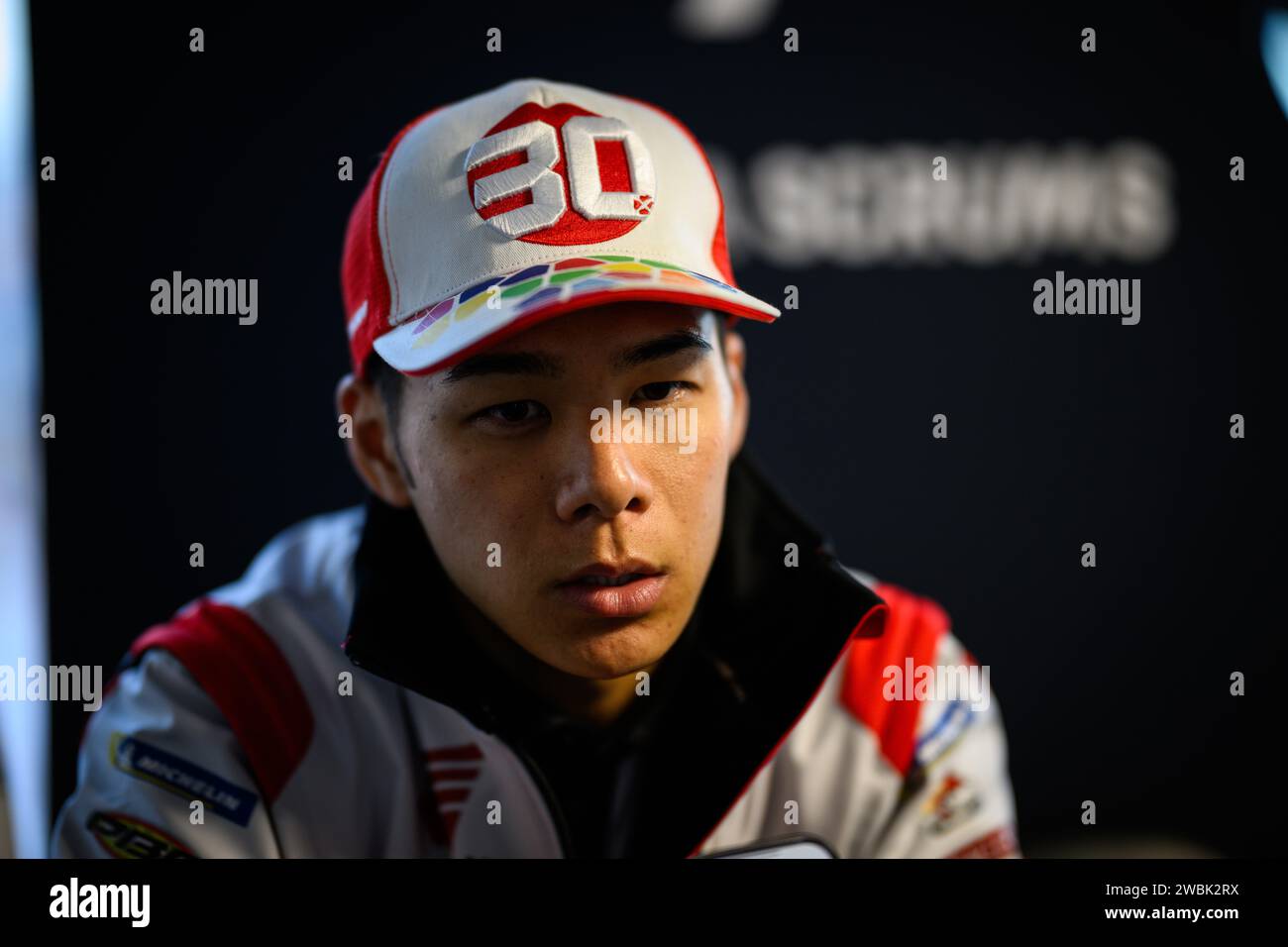 Portrait of the Japanese MotoGP rider of the LCR Honda team Takaaki Nakagami post-race press conference of the Motul Grand Prix of Valencia, Spain. Stock Photo