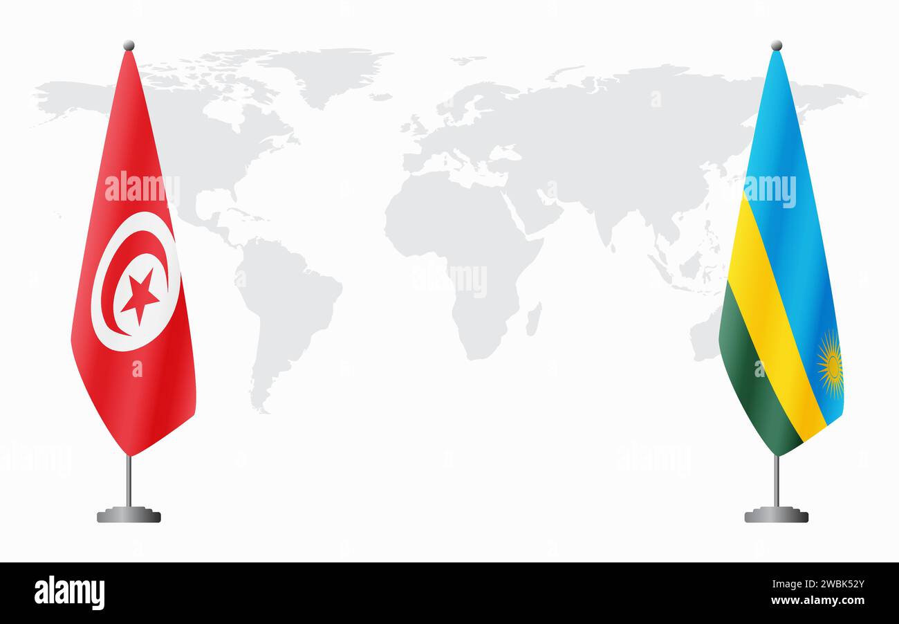 Tunisia and Rwanda flags for official meeting against background of world map. Stock Vector