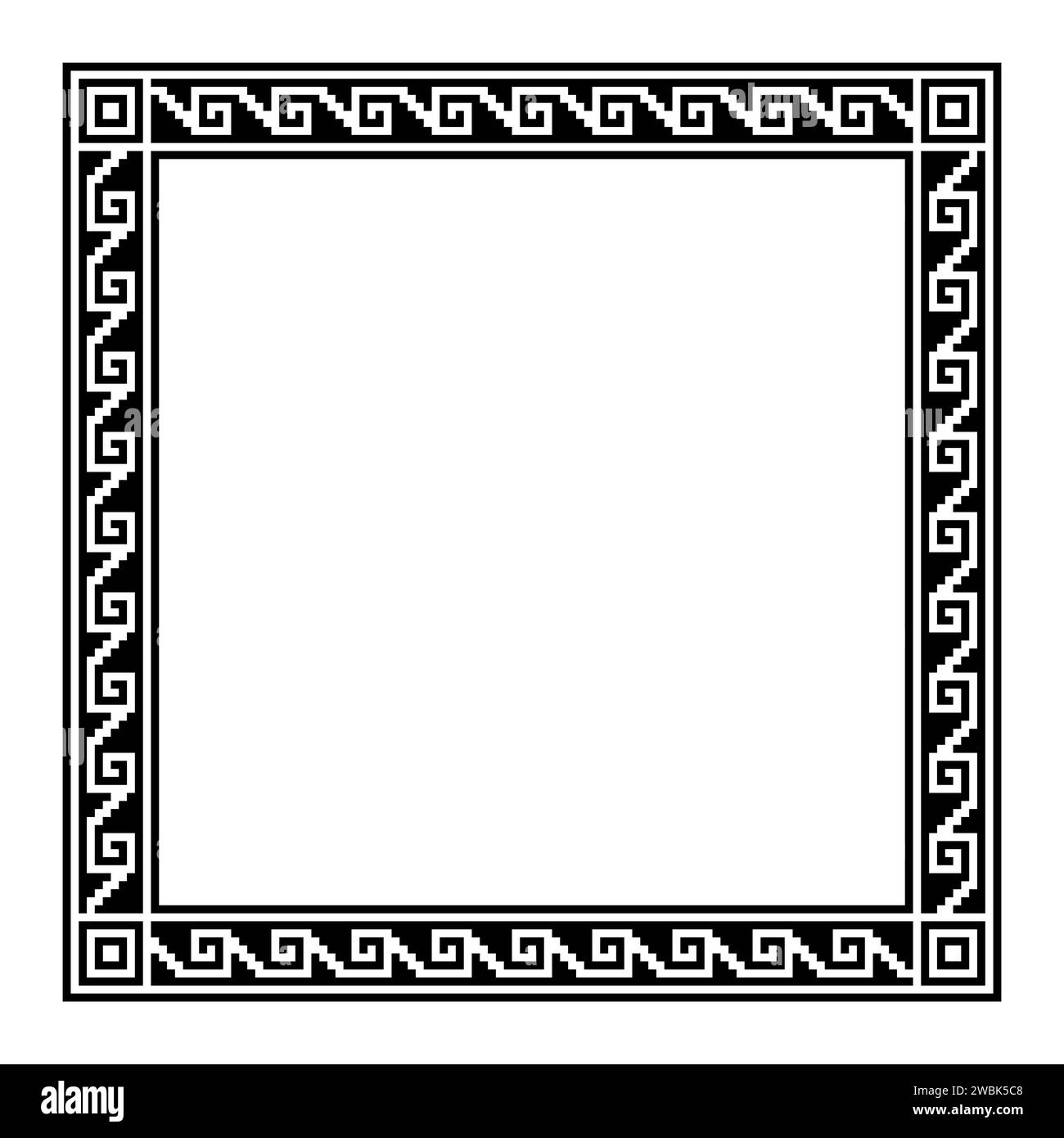 Stepped fret motif, Aztec style square frame with meander pattern. Border made of steps, seamlessly connected to a spiral, similar to Greek key. Stock Photo