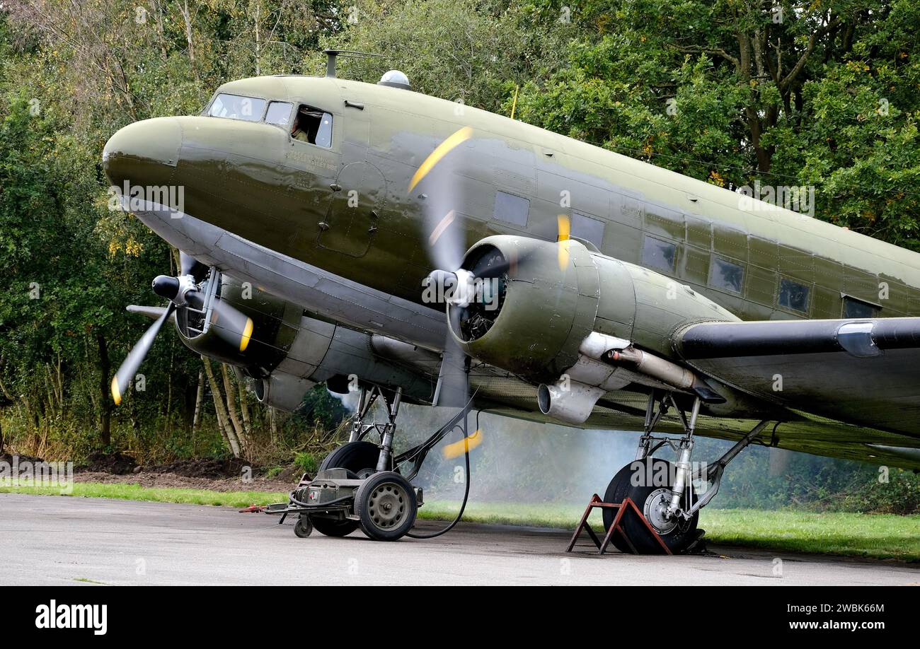 The Douglas C-47 Skytrain or Dakota is a military transport aircraft developed from the civilian Douglas DC-3 airliner. Stock Photo