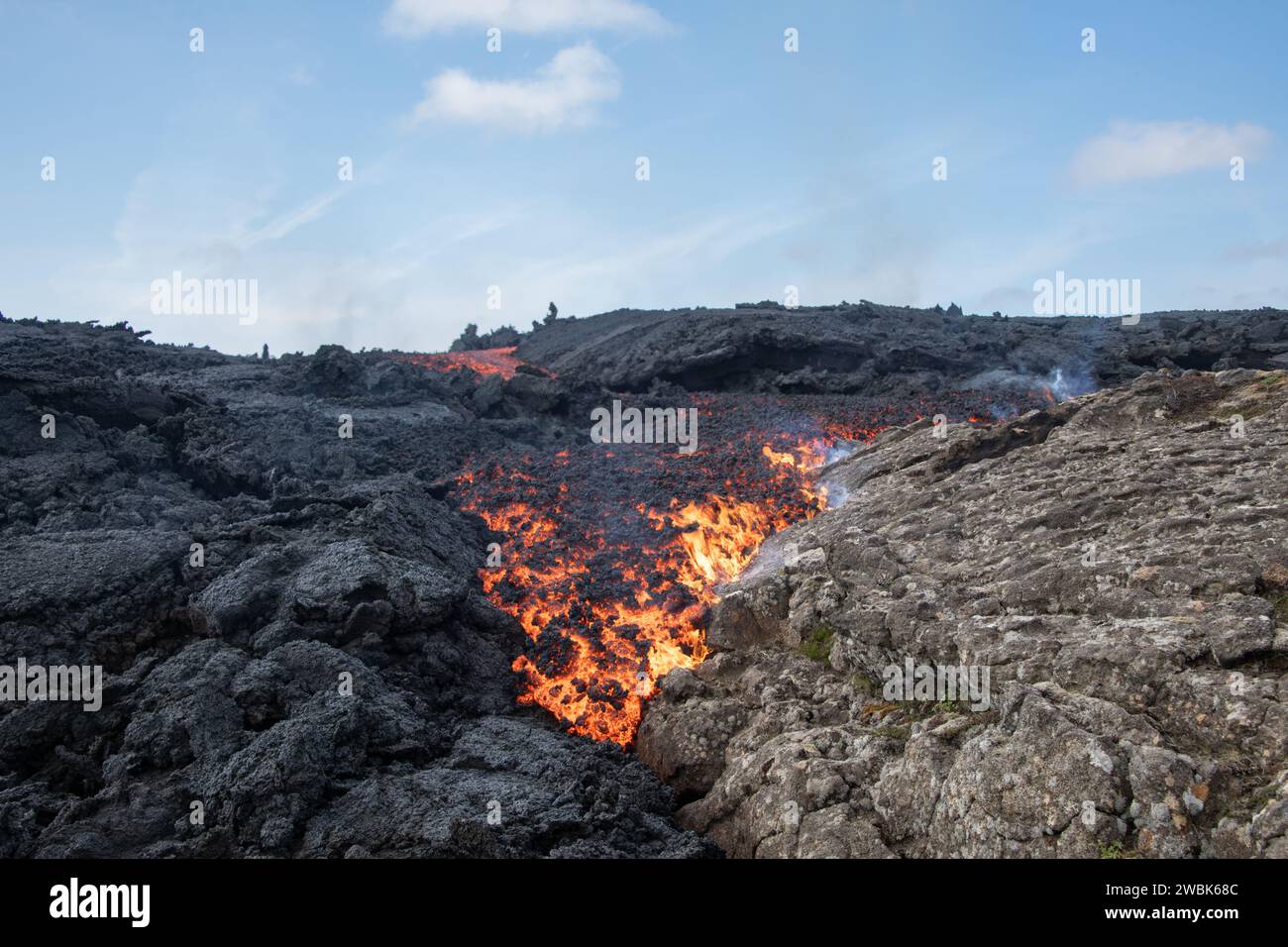 Lava flowing on Iceland's Reykjanes Peninsula Stock Photo