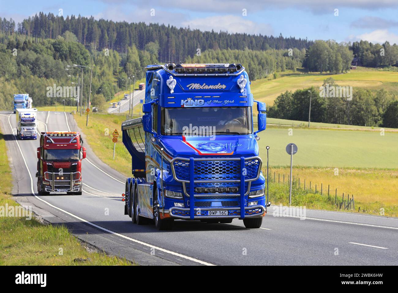 Truck convoy to Power Truck Show 2023 from Helsinki and Naantali to Alaharma, Finland with  blue Scania T650 King of New York. August 10, 2023. Stock Photo
