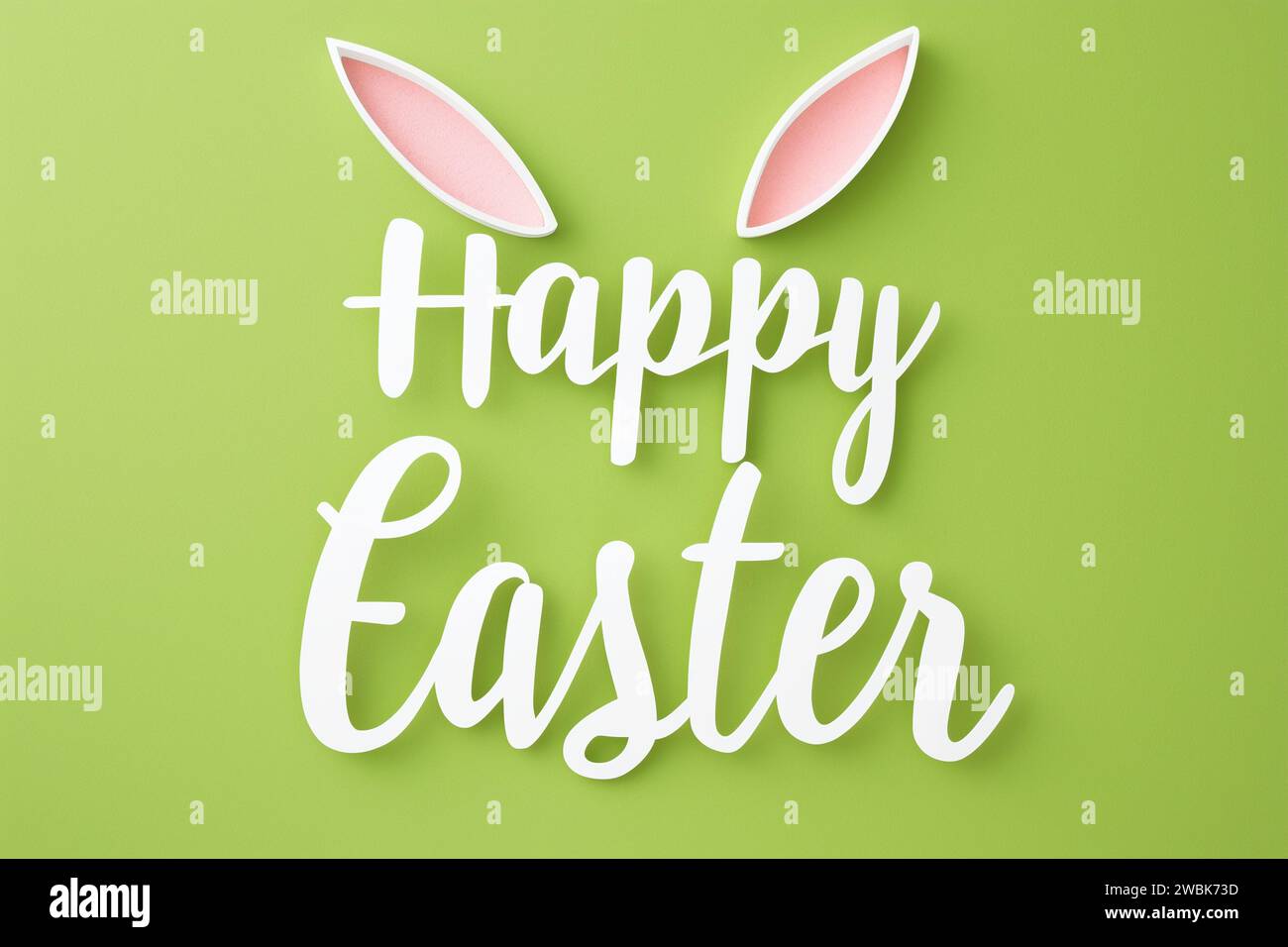 Fresh Spring Greeting: Happy Easter with Bunny Ears on Lively Green Background Stock Photo