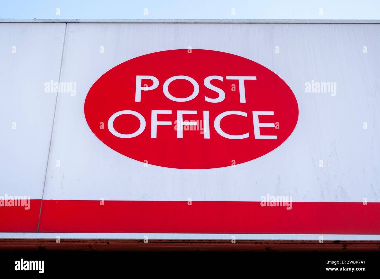 Sign for the brand Post Office on 9th January 2024 in Birmingham, United Kingdom. Following the recent broadcast of a television docudrama about the Post Office IT scandal, the story of the UKs most widespread miscarriages of justice involving over 700 subpostmasters who were wrongly convicted of fraud, theft and false accounting following shortfalls at their branches. Subsequent investigation known as the Post Office Horizon IT Inquiry, has shown that the discrepencies were actually due to errors in the Post Offices Horizon accounting software. Stock Photo