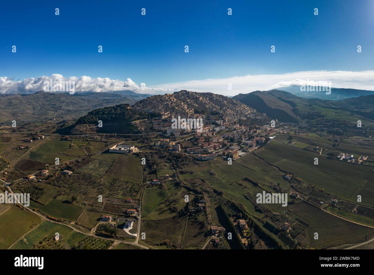 A drone view of the hilltop town of Gangi in central Sicily, Stock Photo