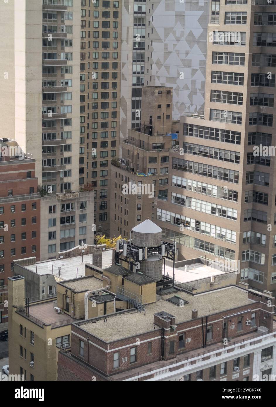 A detailed look from above at Midtown Manhattan, showcasing the dense