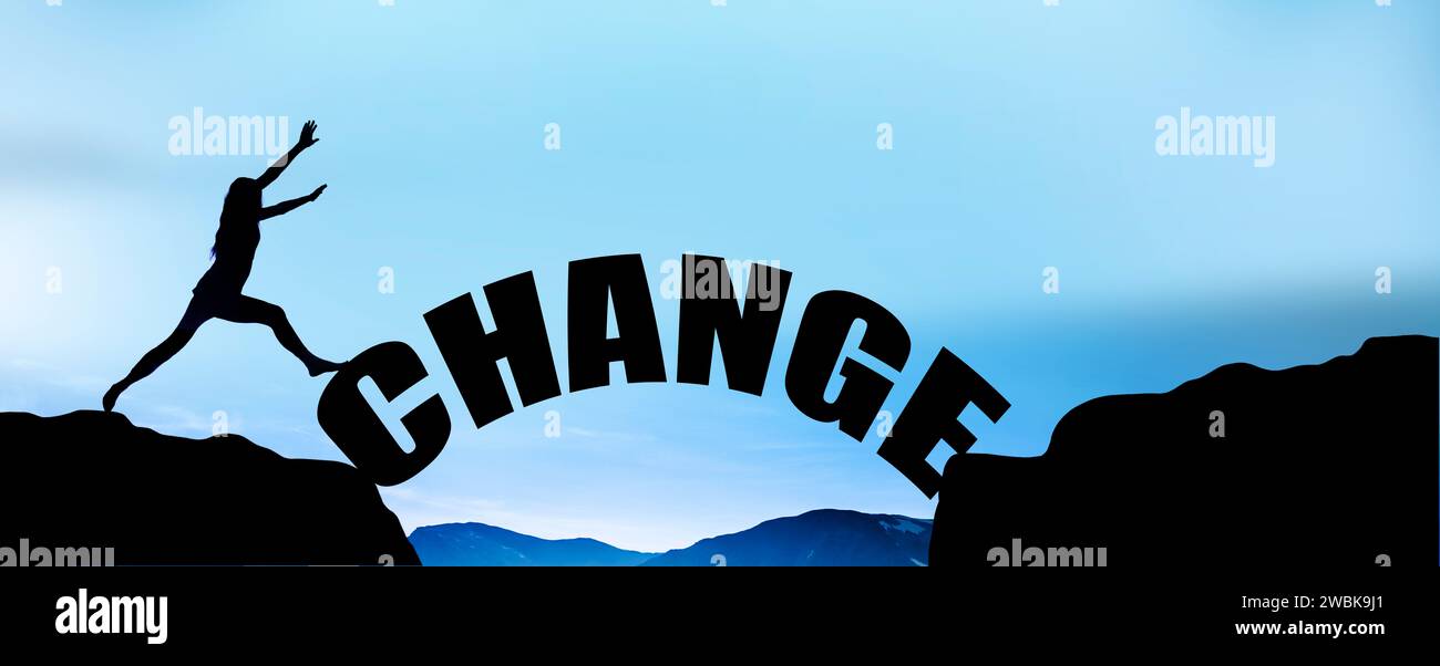 Change from one cliff to another with the word CHANGE Stock Photo