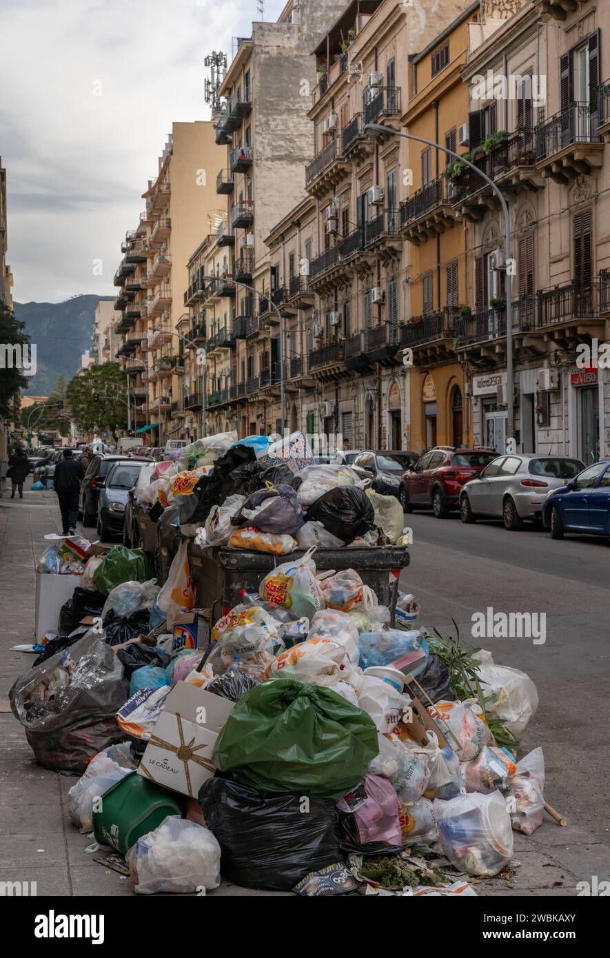 Palermo, Italy 5 January, 2024 heaps of garbage and trash in the