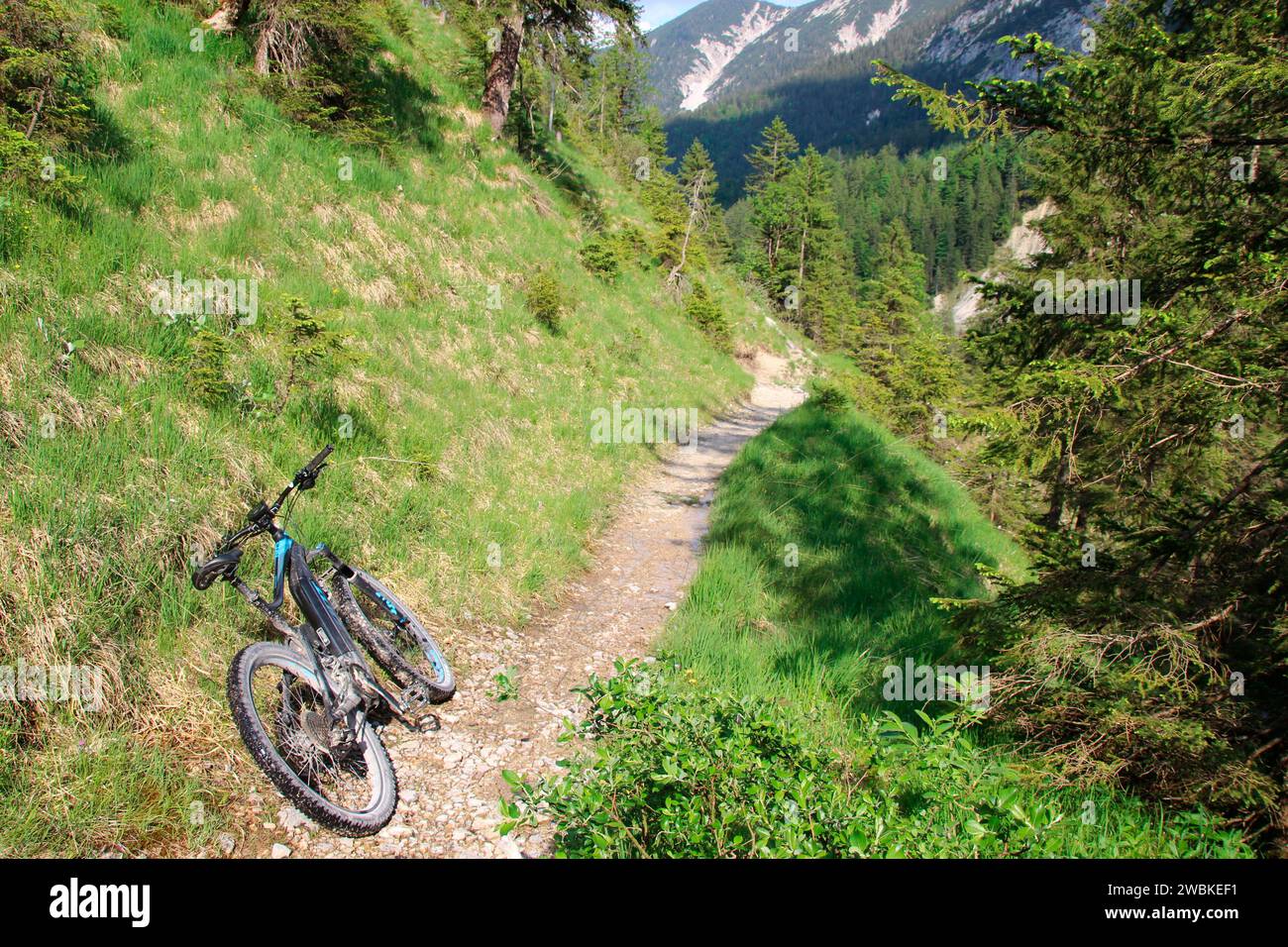 e-bike by the wayside, Fischbachtal, direction Hinterriss, Soiern, Alpenwelt Karwendel, Krün, Germany, Bavaria, Upper Bavaria Stock Photo