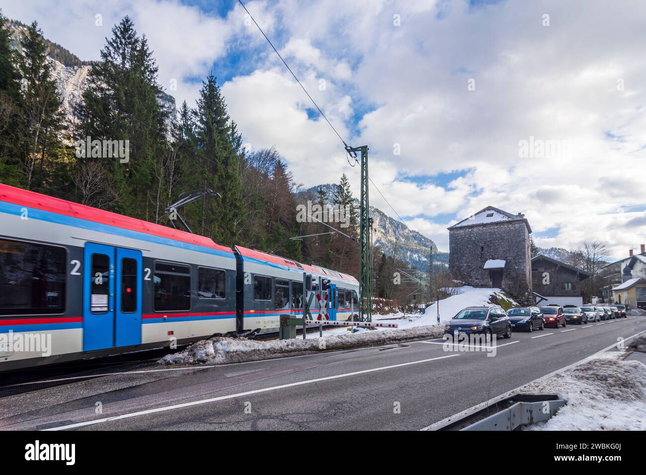Bischofswiesen, tower Hallthurm, S-Bahn train, Berchtesgadener Land, Upper Bavaria, Bavaria, Germany Stock Photo