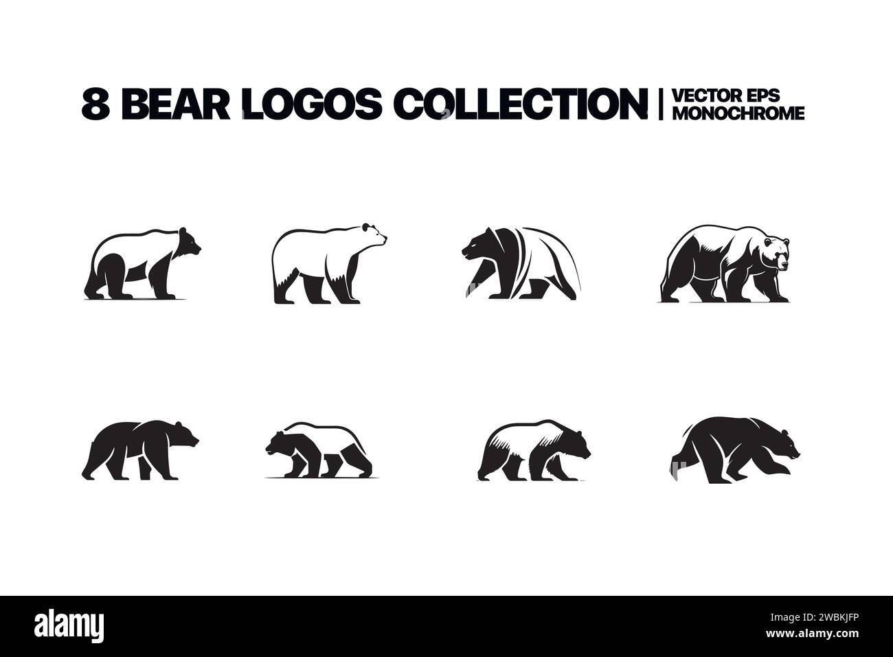 Monochrome illustrations of stylized bears. Pictures set for logos or badges design. Vector bear animal, wild mammal monochrome silhouette. Vector ill Stock Vector