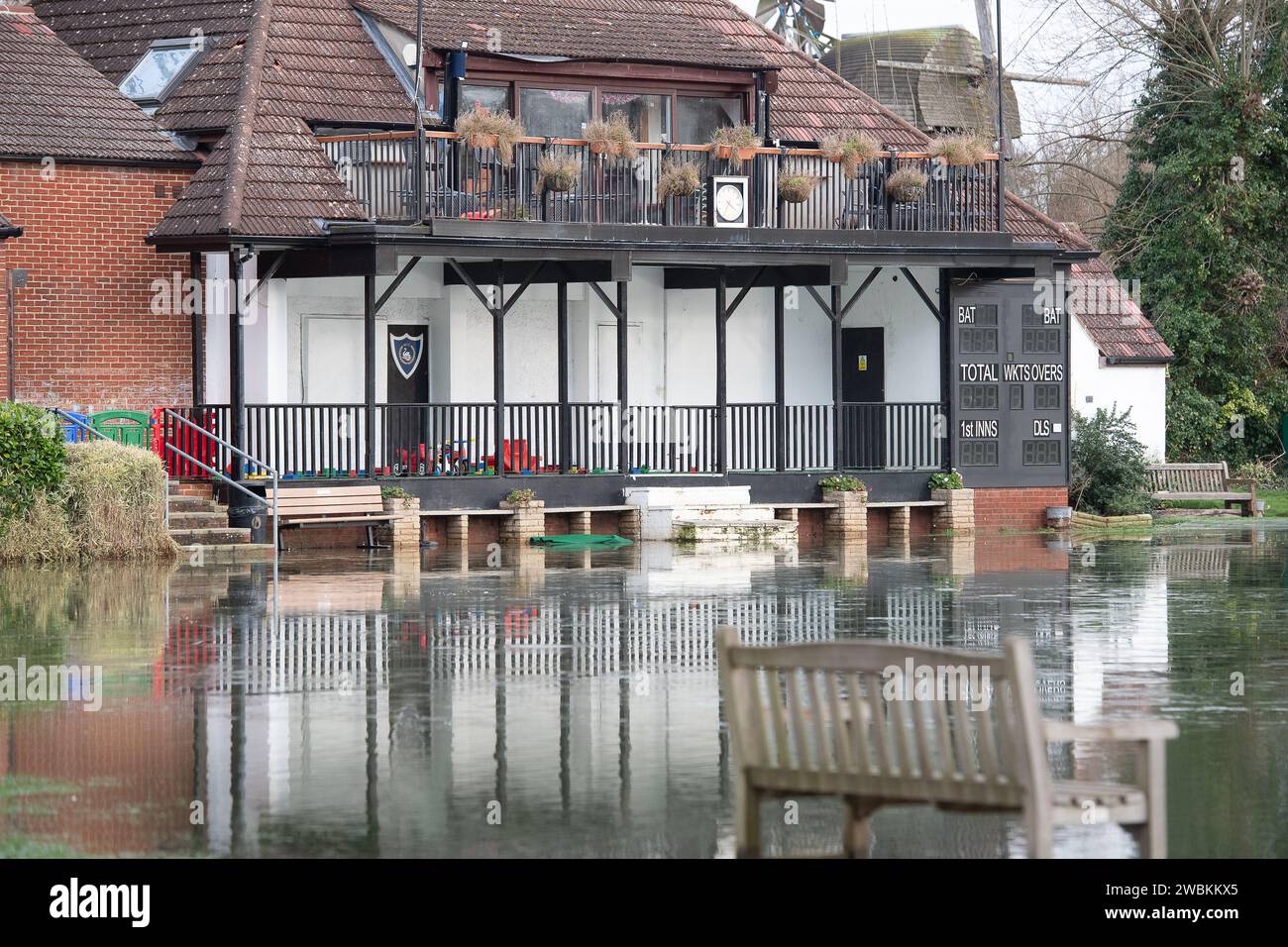 Wraysbury, UK. 11th January, 2024. The flooded cricket pitch and