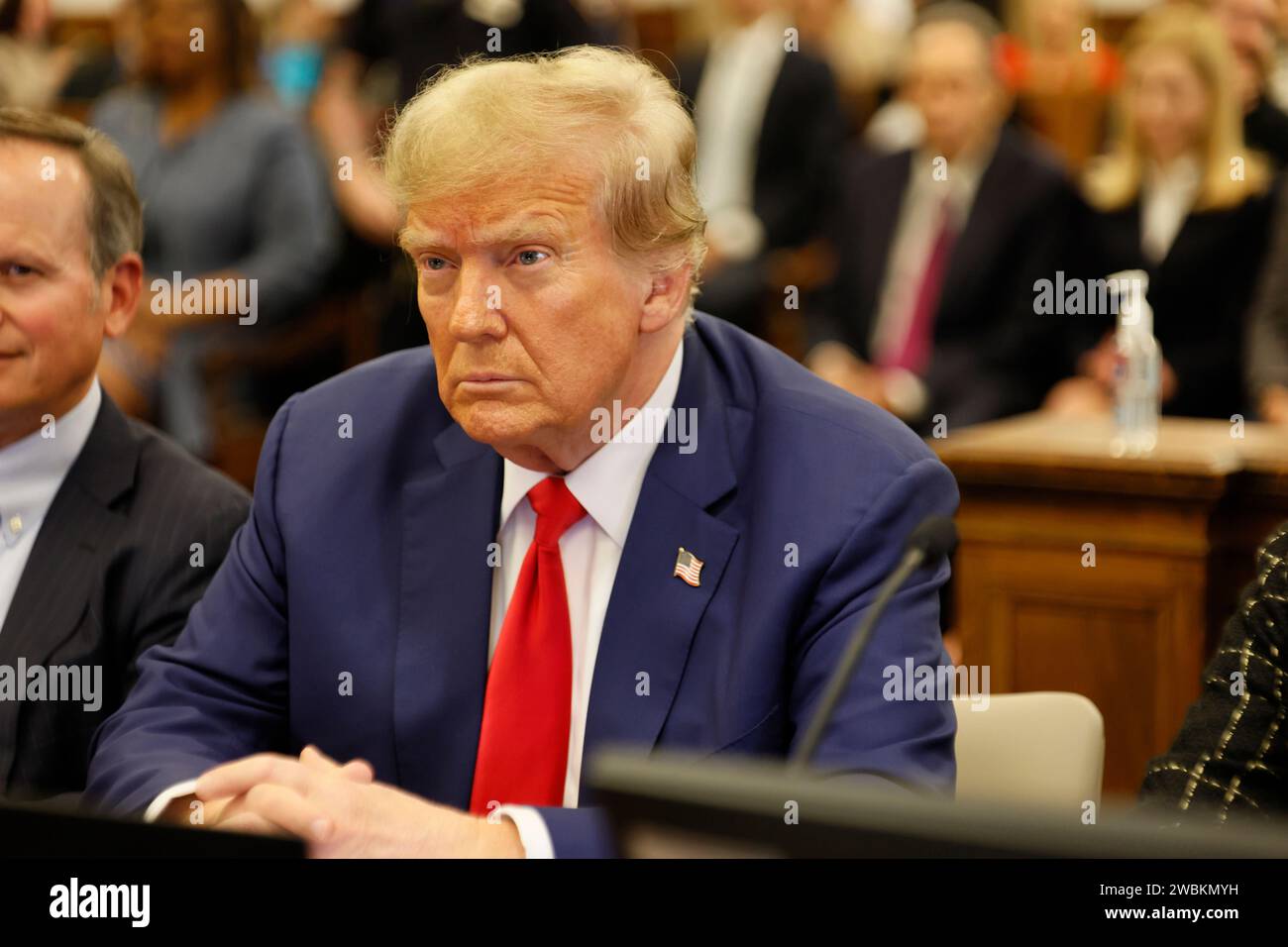 NEW YORK, NEW YORK - JANUARY 11: Former U.S. President Donald Trump sits in New York State Supreme Court during his civil fraud trial at New York Supreme Courton January 11, 2024 in New York City. Trump won't make his own closing arguments after his lawyers objected to Judge Arthur Engoron insistence that Trump stay within the bounds of 'relevant, material facts that are in evidence' of the case. Trump faces a permanent ban from running a business in New York state and $370 million in penalties in the case brought by state Attorney General Letitia James. (Photo by Michael M. Santiago/Pool/Sip Stock Photo