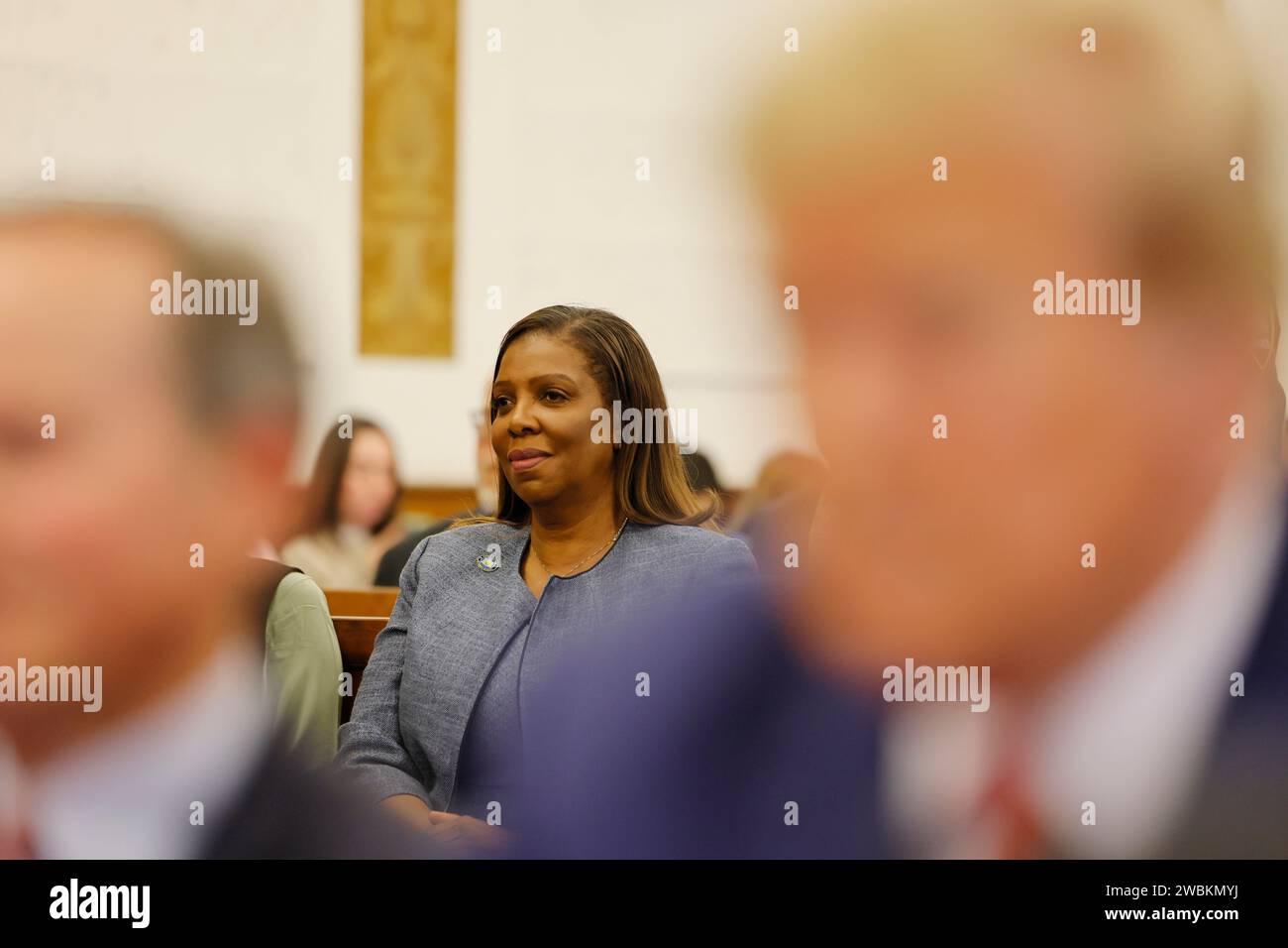 NEW YORK, NEW YORK - JANUARY 11: Attorney General Letitia James sits in the courtroom for the civil fraud trial of former U.S. President Donald Trump in New York State Supreme Court during his civil fraud trial at New York Supreme Courton January 11, 2024 in New York City. Trump won't make his own closing arguments after his lawyers objected to Judge Arthur Engoron insistence that Trump stay within the bounds of 'relevant, material facts that are in evidence' of the case. Trump faces a permanent ban from running a business in New York state and $370 million in penalties in the case brought by Stock Photo