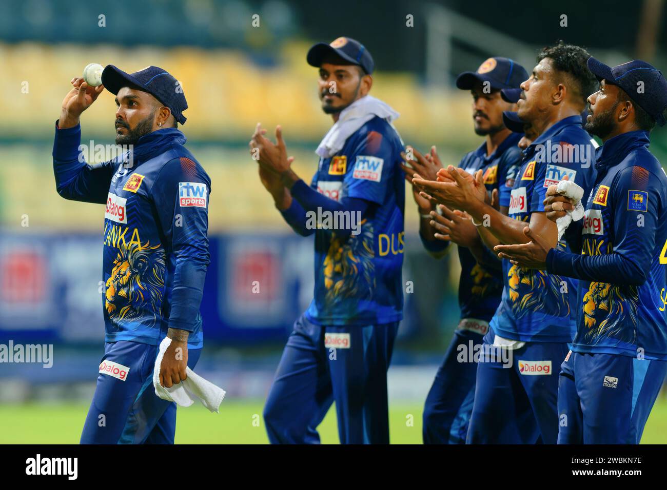 Colombo, Sri Lanka. 11th January 2024. Sri Lanka bowler  Wanindu Hasaranga leads the team off after taking 7 wickets during the 3rd one-day international (ODI) cricket match between Sri Lanka vs Zimbabwe at the R. Premadasa Stadium in Colombo on 11th January 2024. Viraj Kothalwala/Alamy Live News Stock Photo