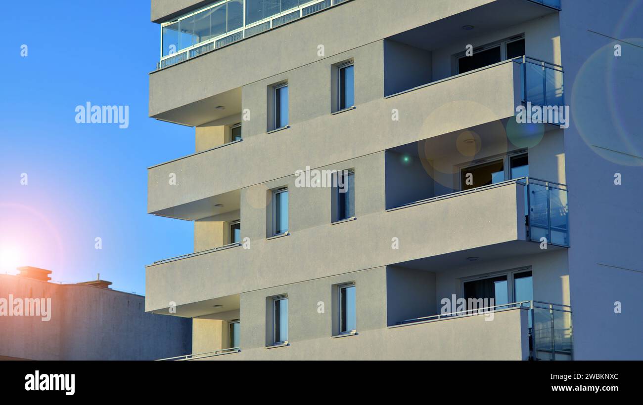 Residential area with modern apartment building. Facade of a modern ...