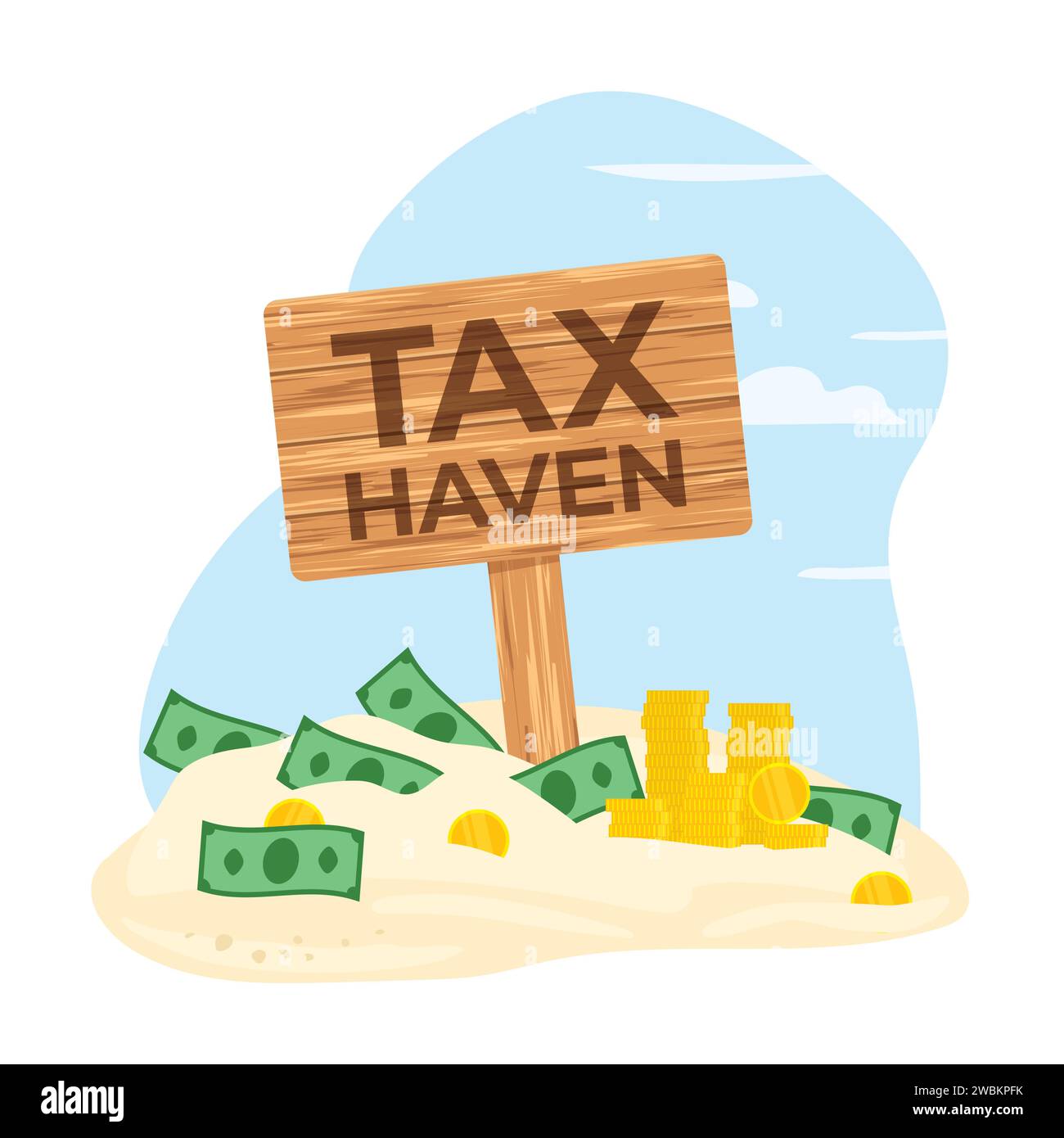 tax haven; fiscal paradise concept, wooden sign post on sandy beach and stack of coins and banknotes- vector illustration Stock Vector
