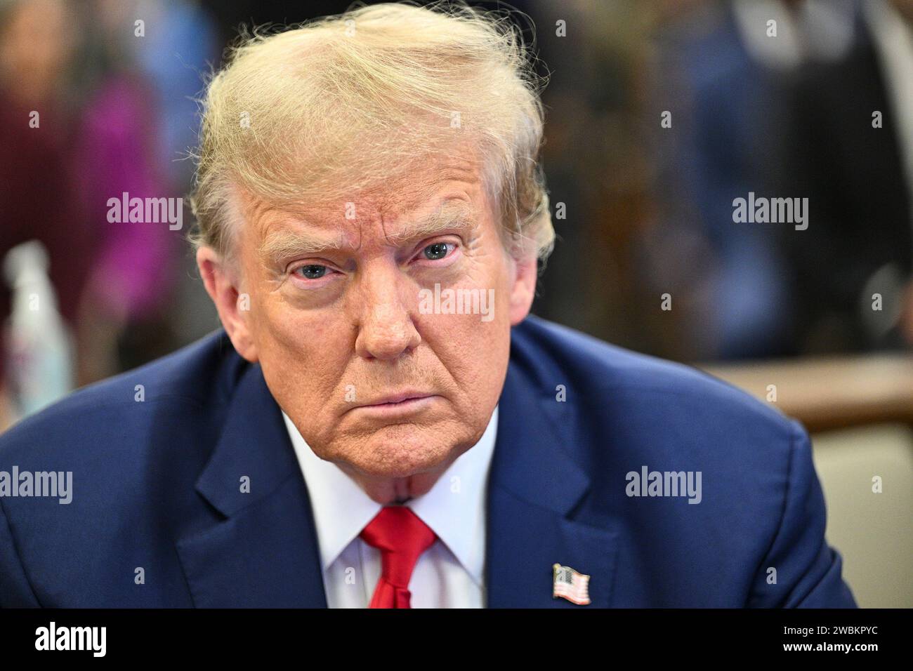 Former President Donald Trump sits in the courtroom before the start of closing arguments in his civil business fraud trial at New York Supreme Court, Thursday, Jan. 11, 2024, in New York. (Curtis Means/Daily Mail via AP, Pool) Stock Photo
