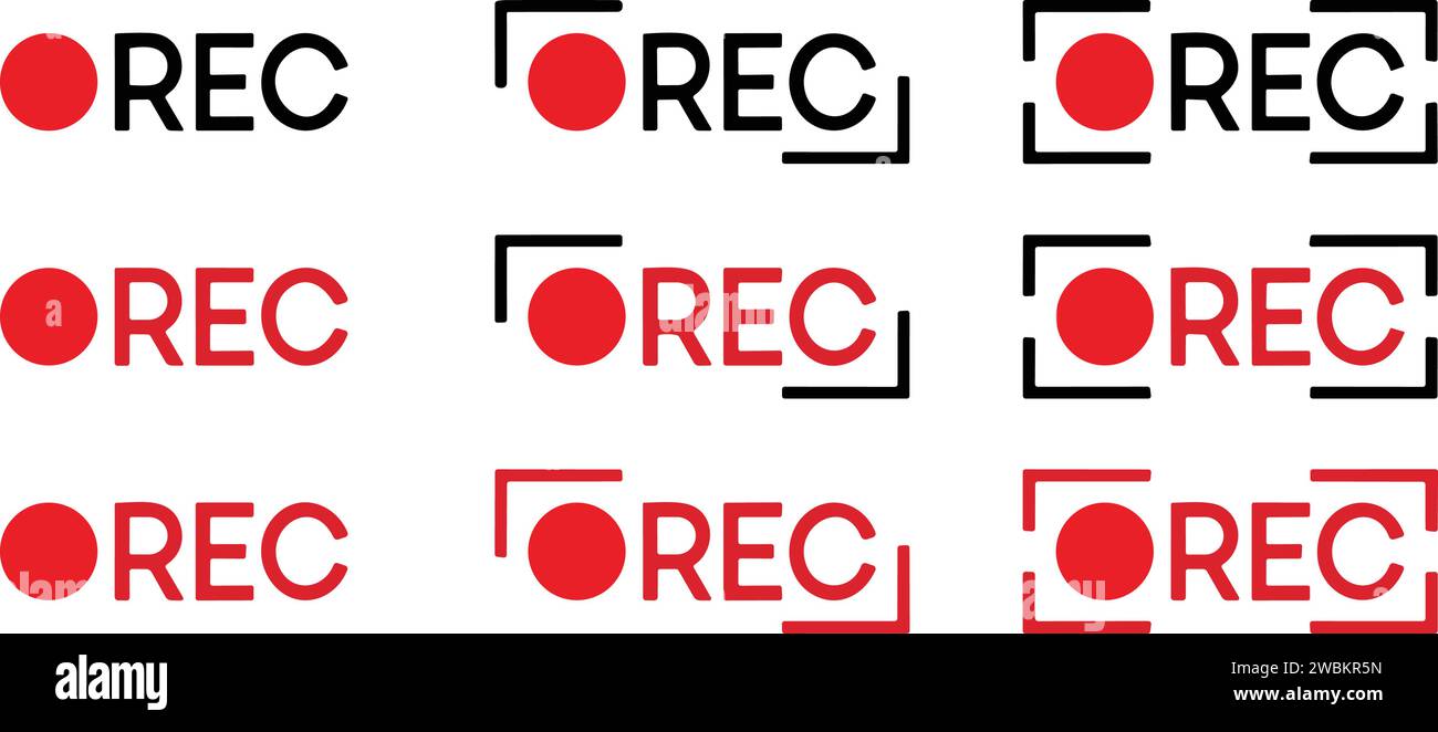 Recording sign icon set. Red logo camera video recording symbol collection, rec icon group Stock Vector