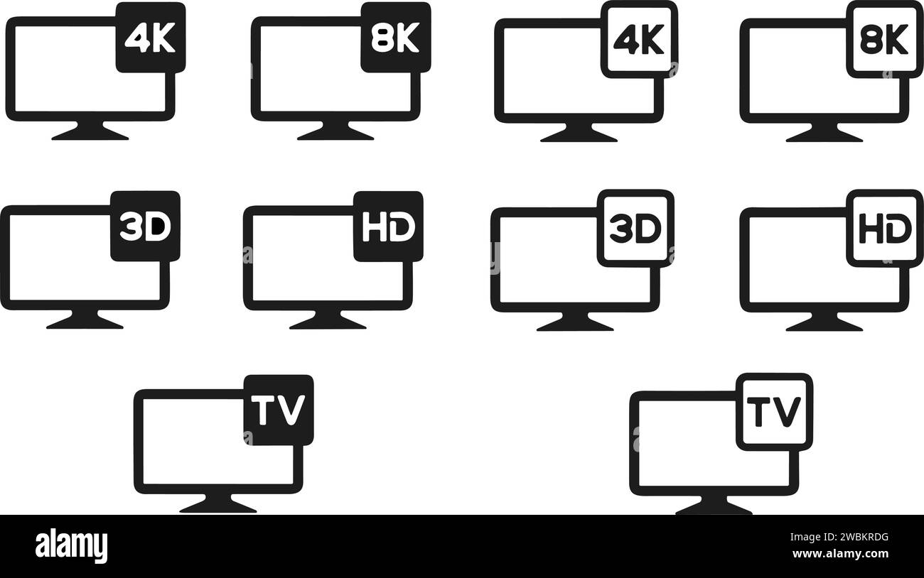 Screen or LCD or TV video resolution icon set. Monitor size symbol. HD, FHD, UHD, 4K, 8K screen and TV quality. Vector illustration. Stock Vector