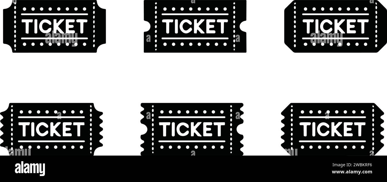Flat Tickets of Cinema, theater, concert, play, party, event, festival, match black. Realistic template set. Ticket icon for website. vector illustrat Stock Vector
