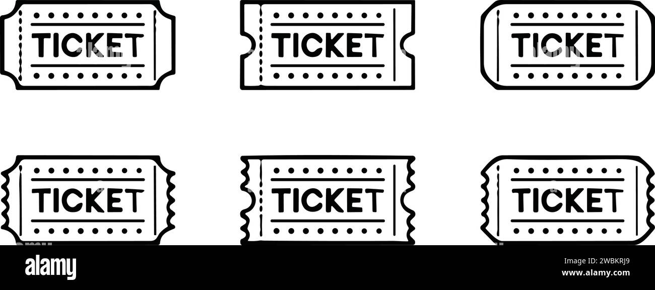 Line Tickets of Cinema, theater, concert, play, party, event, festival, match black. Realistic template set. Ticket icon for website. vector illustrat Stock Vector