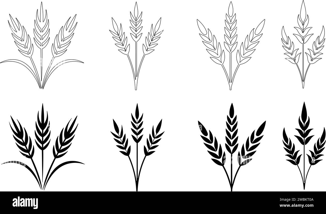 Bunches of wheat or rye ears with whole grain. Wheat wreaths and grain spikes set icons. Vector illustration Stock Vector