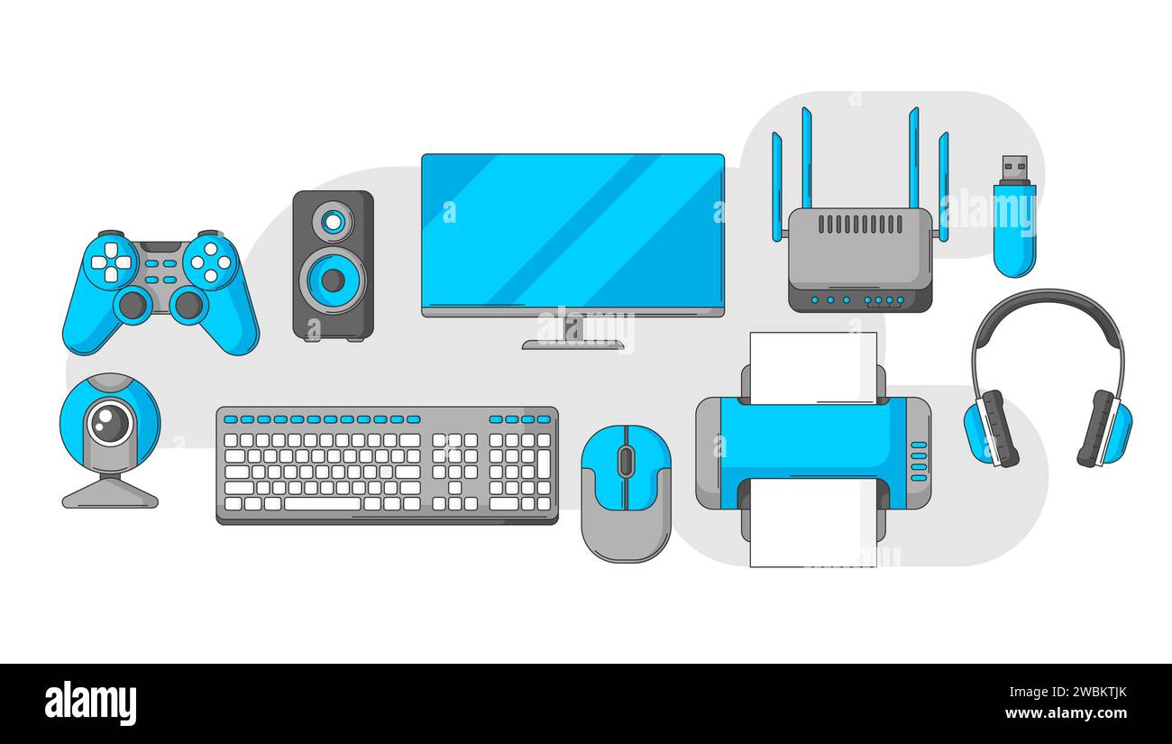 Background with computer equipment. Gaming technology and work devices. Stock Vector