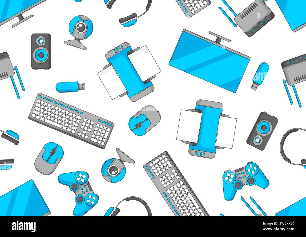Pattern with computer equipment. Gaming technology and work devices. Stock Vector