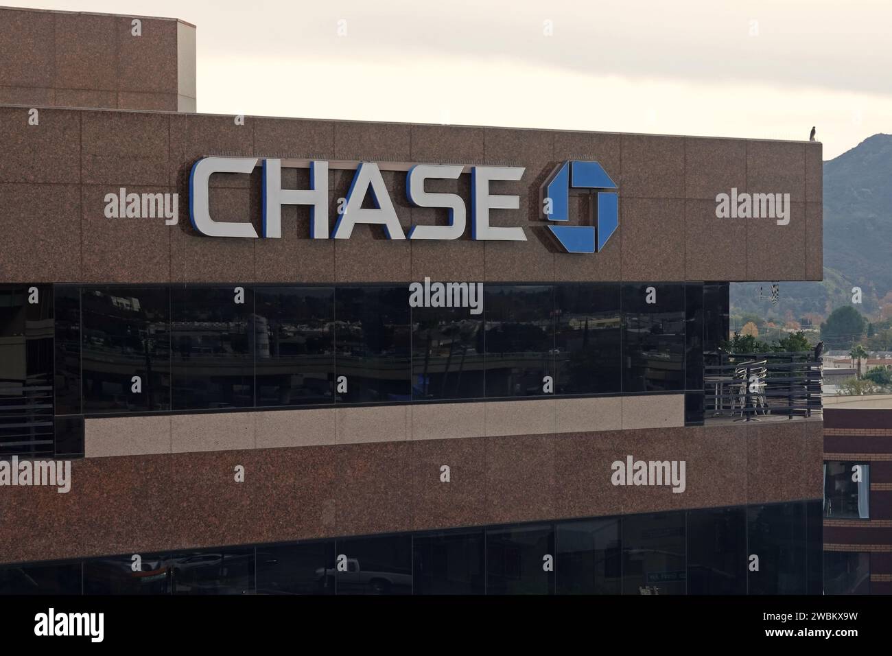 Burbank, California, USA - Dec. 30, 2019: A Chase bank logo is shown on one of the company’s branch locations during the day. Stock Photo