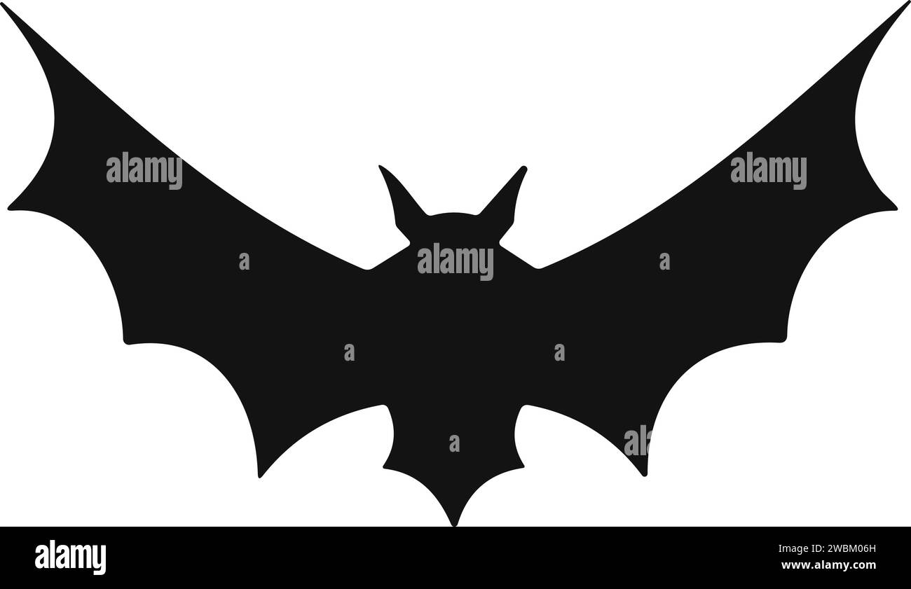 Bat horror flat. Sticker with black mouse for Halloween decoration. Simple icon with animal. Silhouette of flying bat Stock Vector