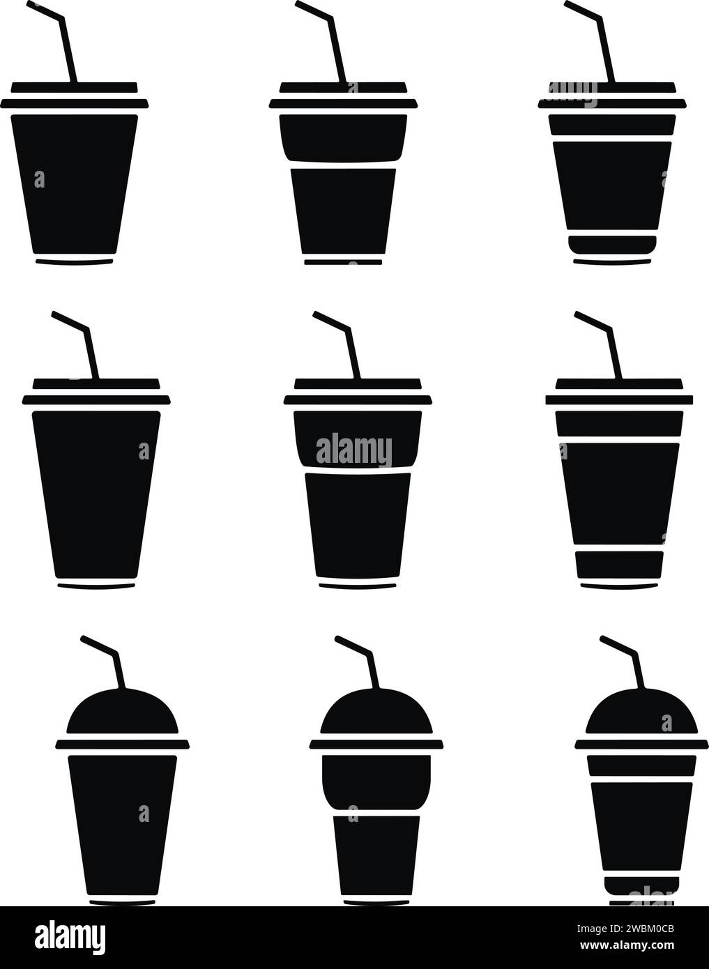 Disposable plastic coffee or tea cup with straw icon vector set. cold drink glasses collection in flat style. Stock Vector