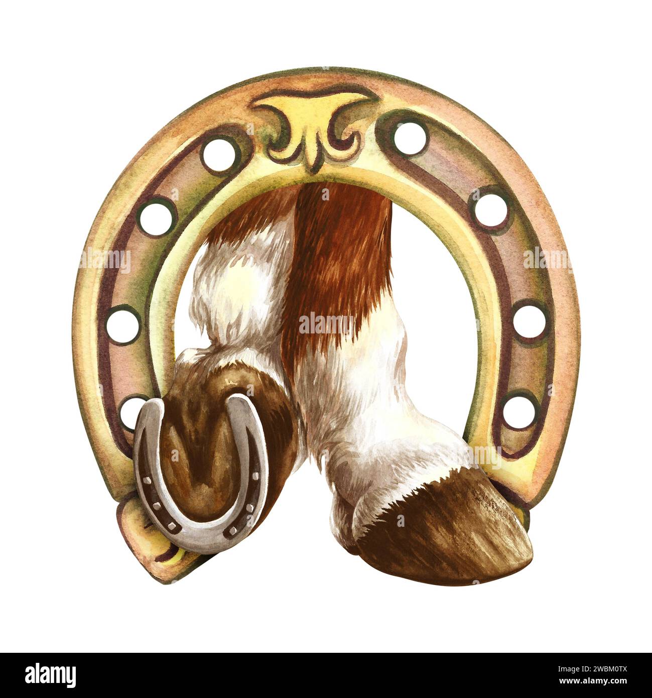 Horse hooves with a golden horseshoe. Symbol of good luck. Hand drawn ...