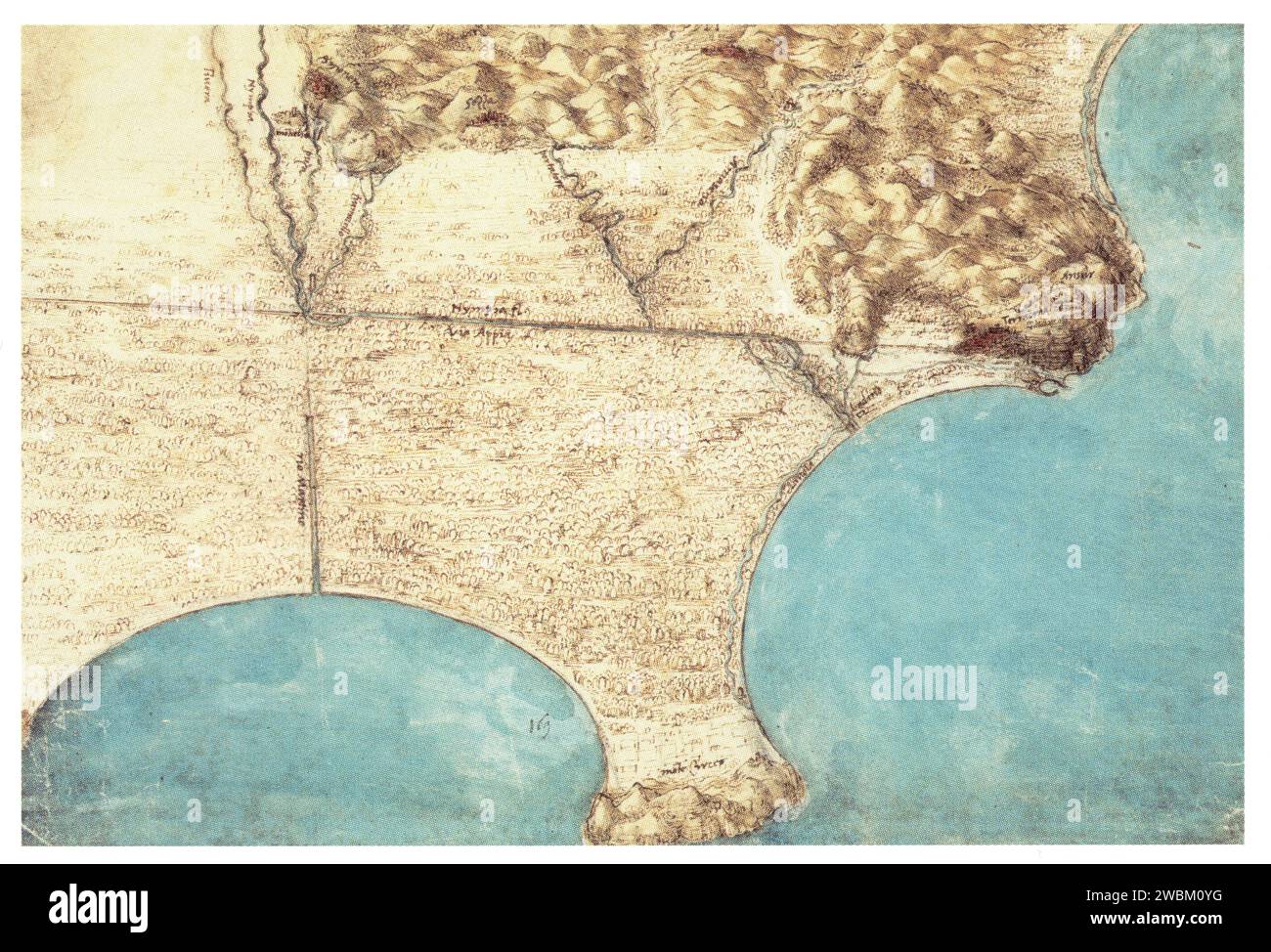 LEONARDO DA VINCI.BIRD'S EYE VIEW OF THE ITALIAN COAST BY TERRACINA.1515.PEN AND INK AND WATERCOLOUR.272 MM X 400 MM Stock Photo