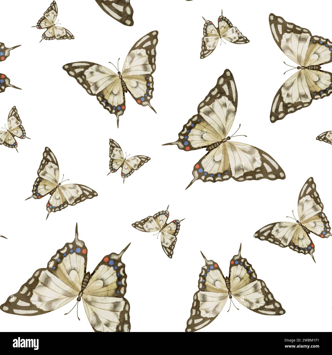 Butterfly watercolor seamless Pattern. Hand drawn backdrop with insects in brown and beige colors. Illustration on isolated background with wings for wrapping paper or textile design. Natural ornament Stock Photo