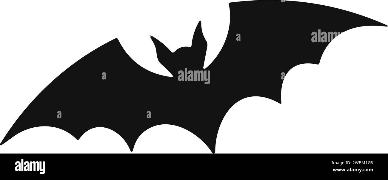 Bat horror flat. Sticker with black mouse for Halloween decoration. Simple icon with animal. Silhouette of flying bat Stock Vector
