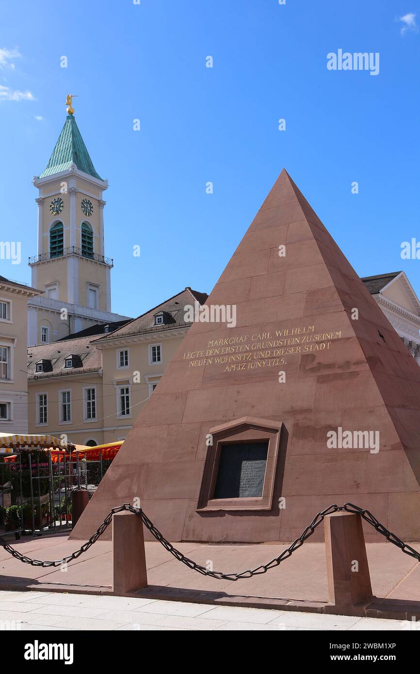 Karlsruhe Pyramid and the tower of the Protestant City Church in background (Karlsruhe, Baden, Germany) Stock Photo