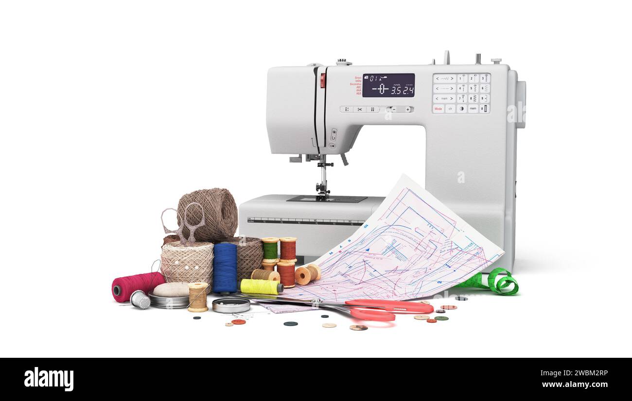 New sewing machine and accessories 3d render on white Stock Photo