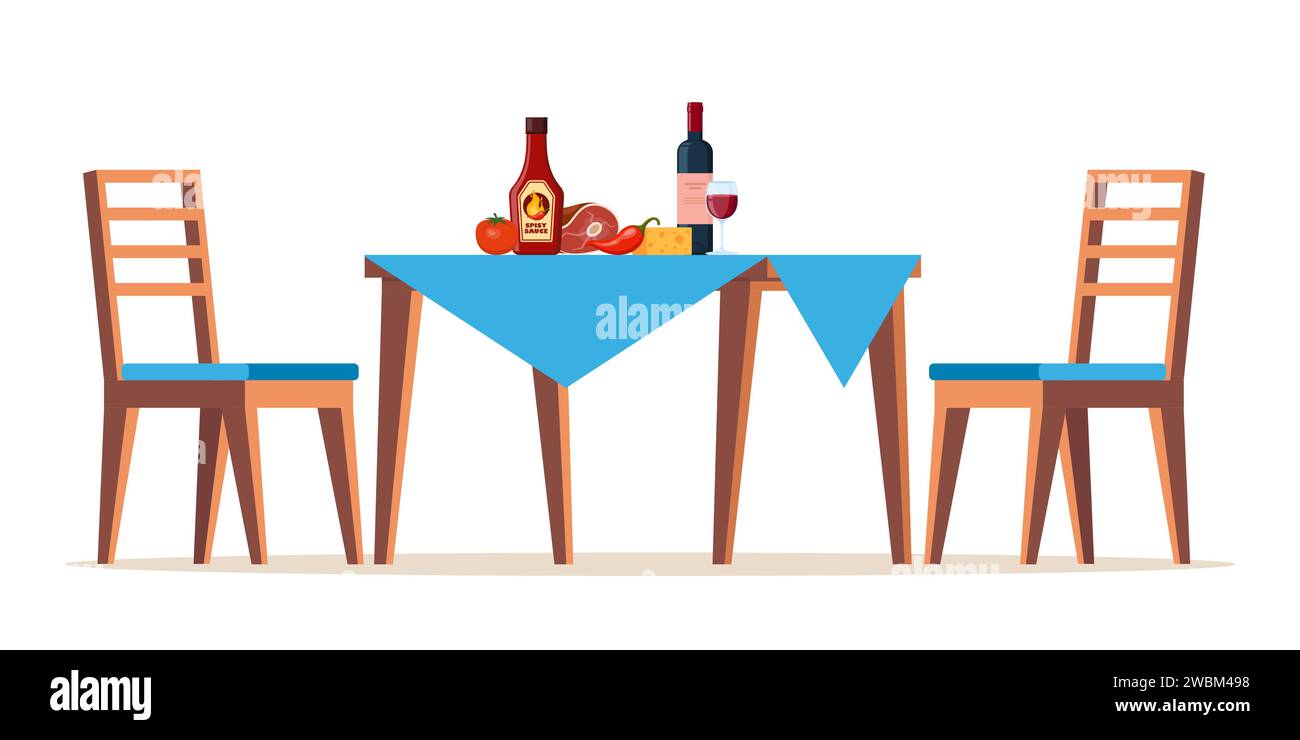 Summer picnic table covered with a tablecloth. Food on the table for family barbecue, picnic, grill party. Vector illustration Stock Vector