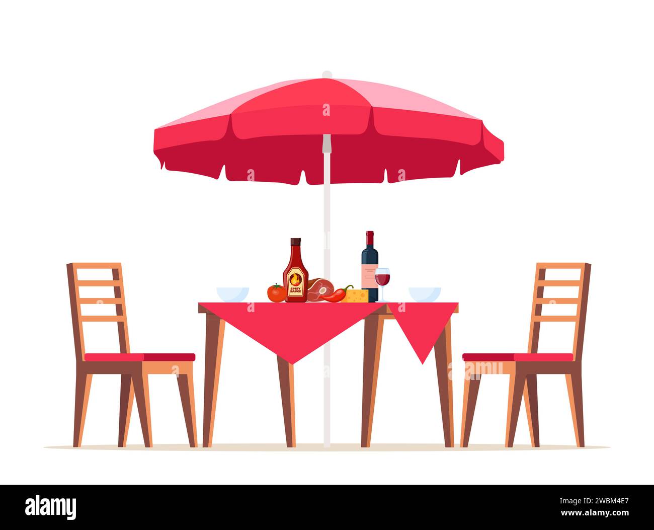 Summer picnic table covered with a tablecloth, chairs and umbrella. Food on the table for family barbecue, picnic, grill party. Vector illustration Stock Vector