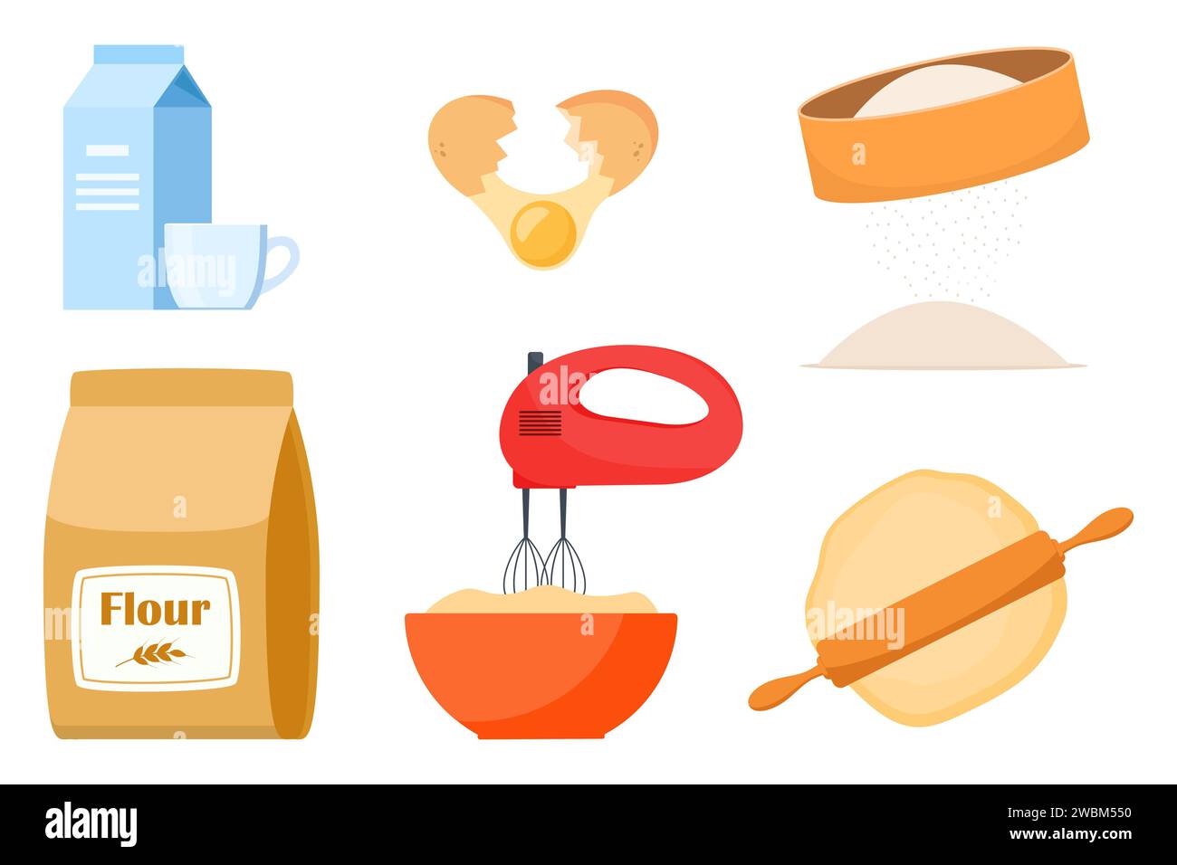 Pastry making equipment and ingredients. Baking tools set. Delicious baking. Vector illustration Stock Vector