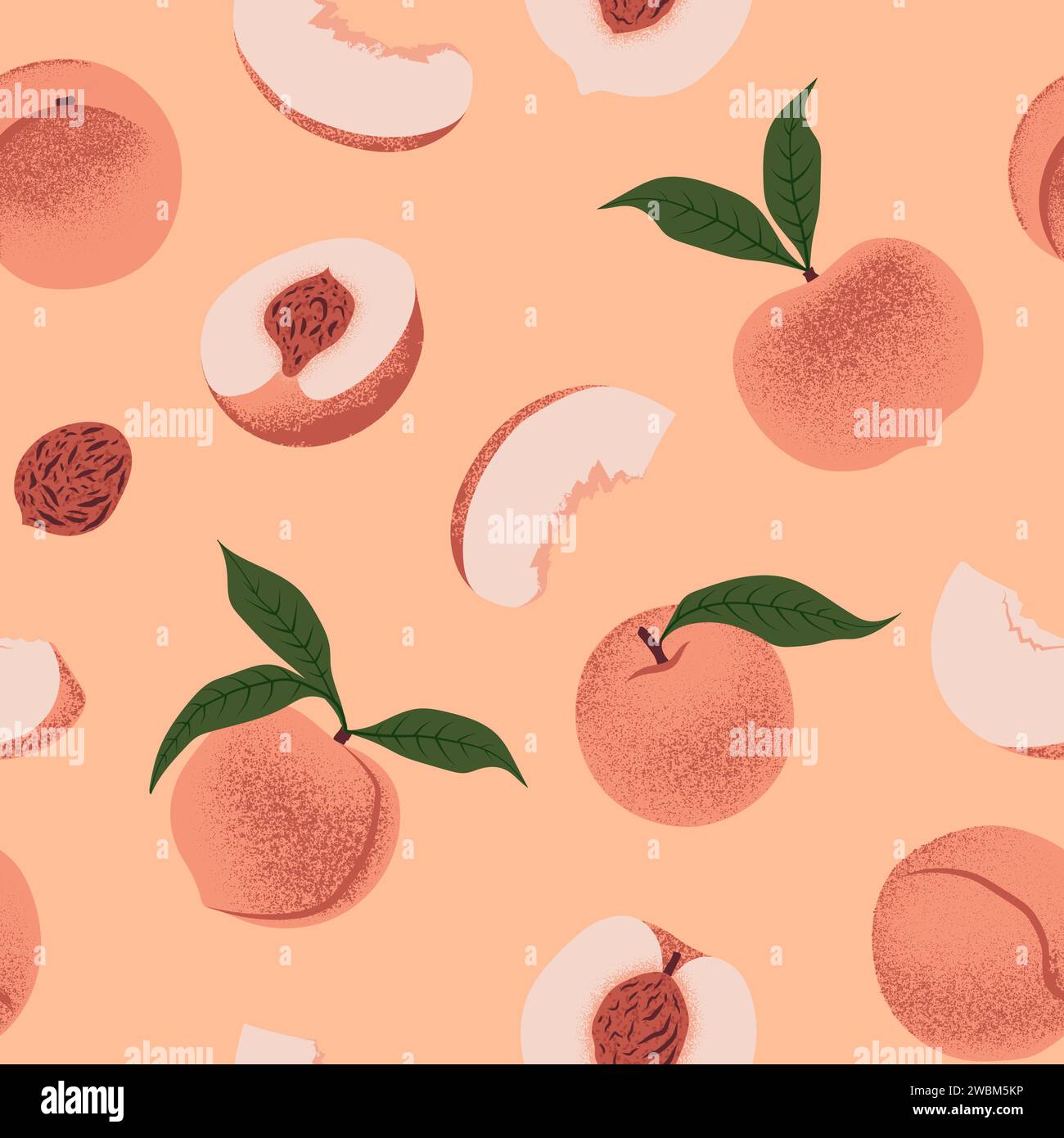 Fresh Slices Peach fruits seamless pattern. Vector illustration in Peach Fuzz color Stock Vector