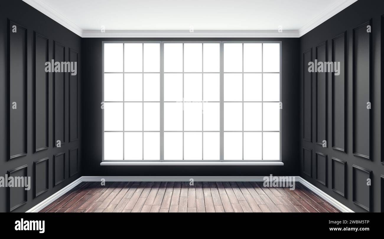 3d rendering illustration of big black room interior with big french windows and hardwood floor. Classical living room with molding, wall paneling. Da Stock Photo