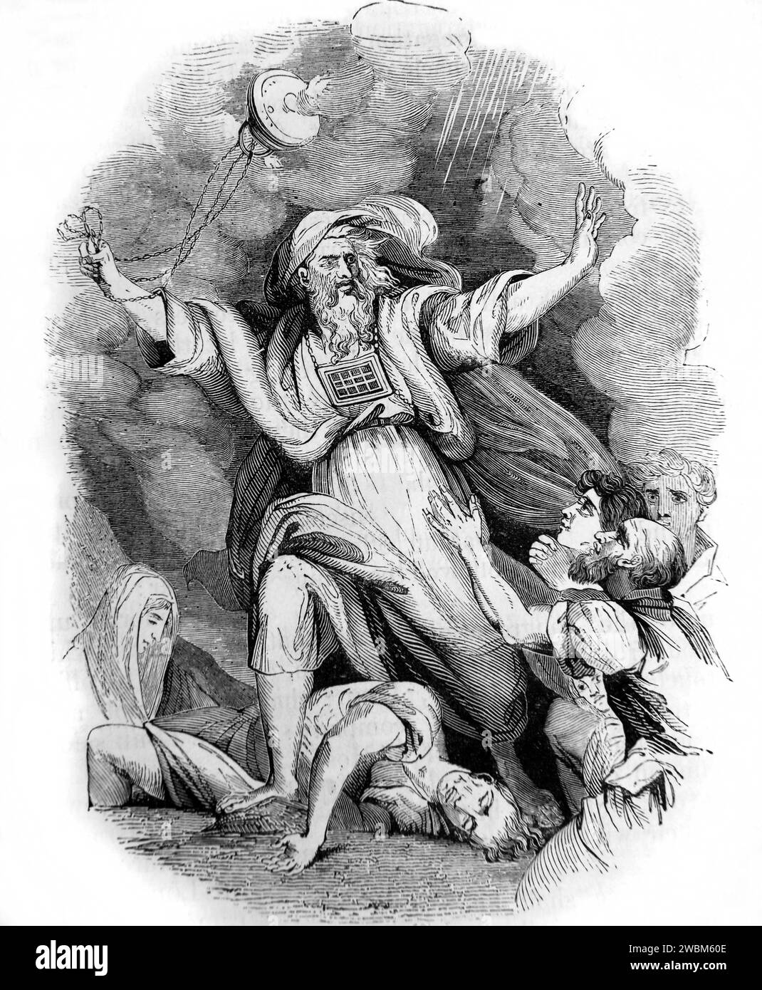 Illustration of Aaron Staying the Plague Standing between the Dead and the Living Offering Incense and Made Atonement for the People from painting by Stock Photo